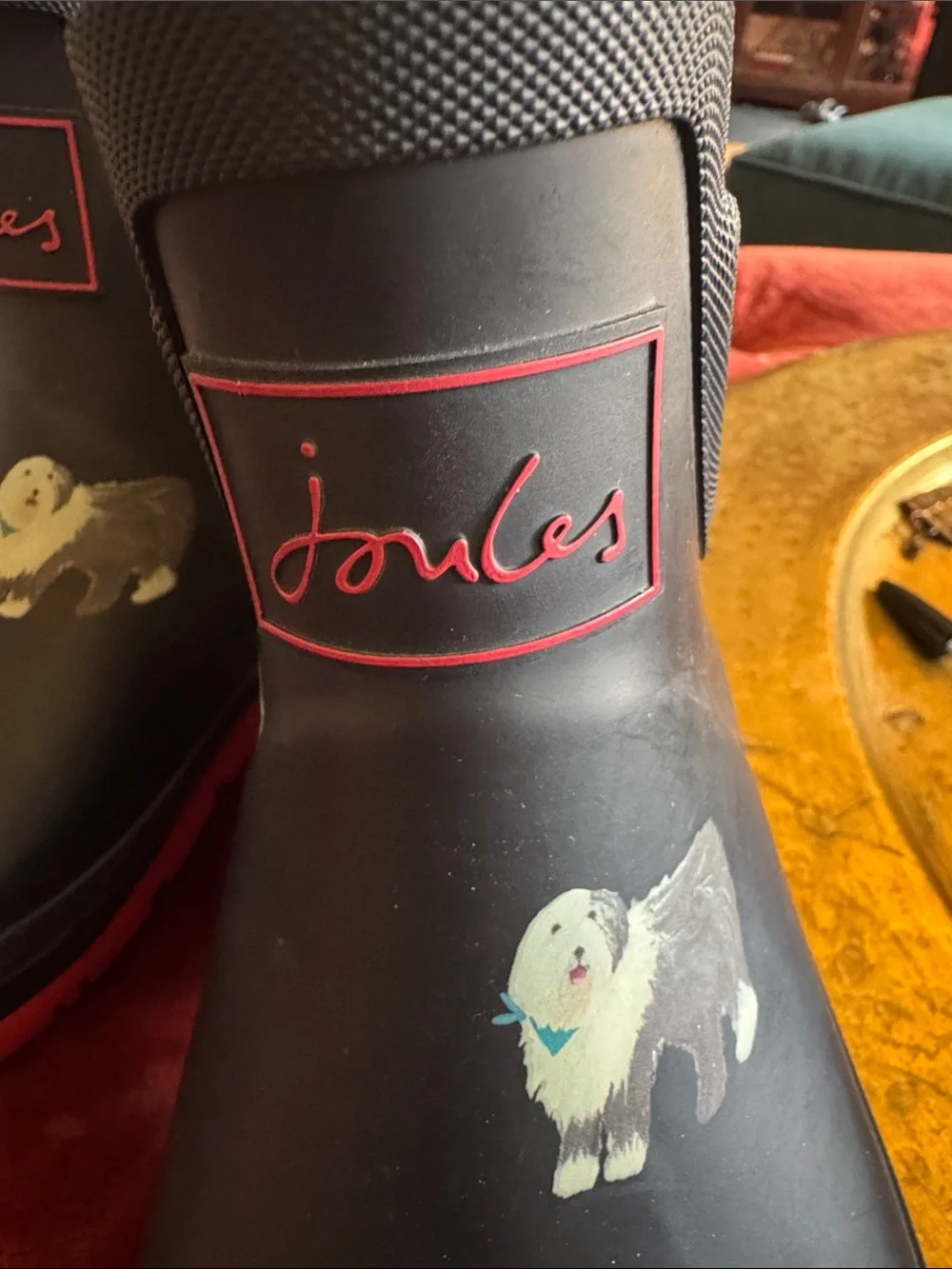 Joules Navy Rain Boots with Red Soles and Dog Print